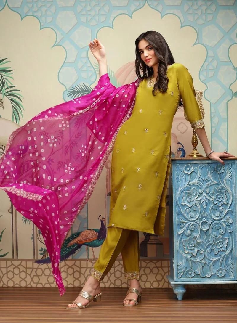 آي شين Women's Yellow Viscose Blend Embellished Tunic Full Length Casual Straight Fit Kurta Set